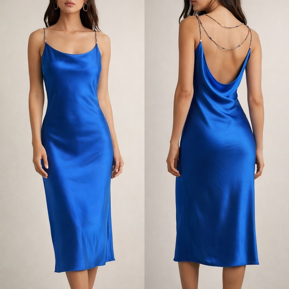 NWT House of Harlow 1960 Blue Satin Slip Dress Beaded Straps Midi